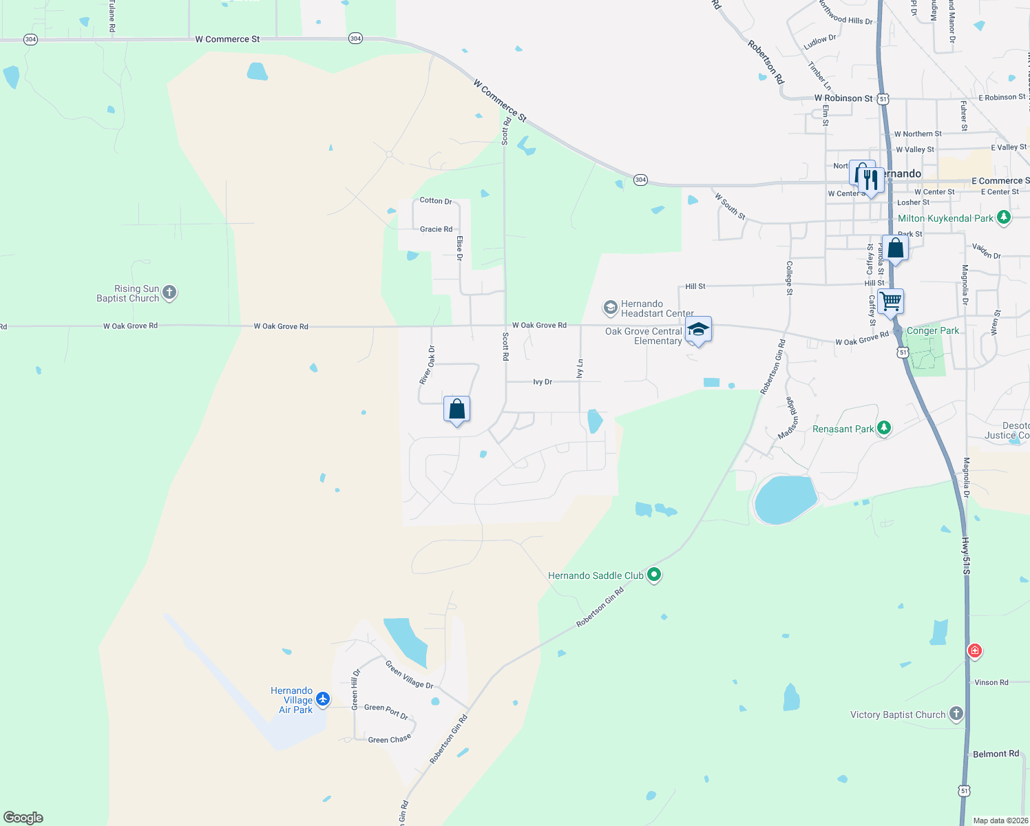 map of restaurants, bars, coffee shops, grocery stores, and more near 1343 Fieldstone Street in Hernando