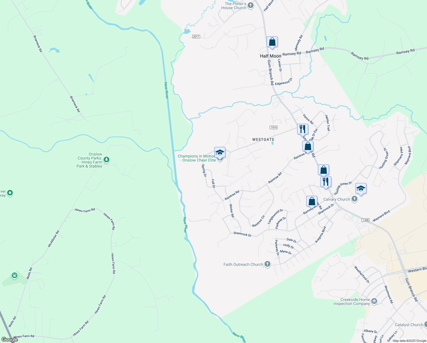 map of restaurants, bars, coffee shops, grocery stores, and more near 109 Fall Drive in Jacksonville