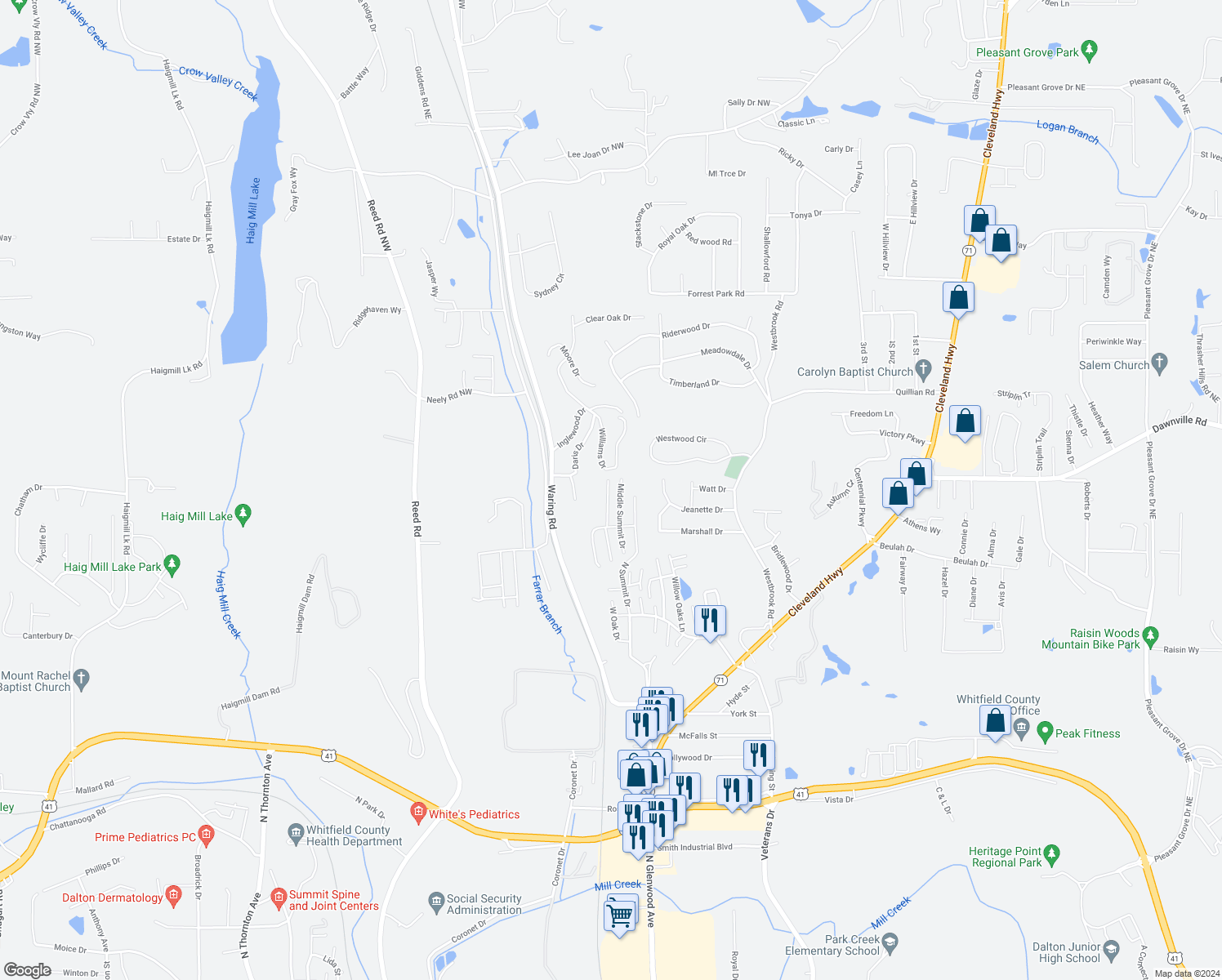 map of restaurants, bars, coffee shops, grocery stores, and more near 177 East Summit Drive in Dalton