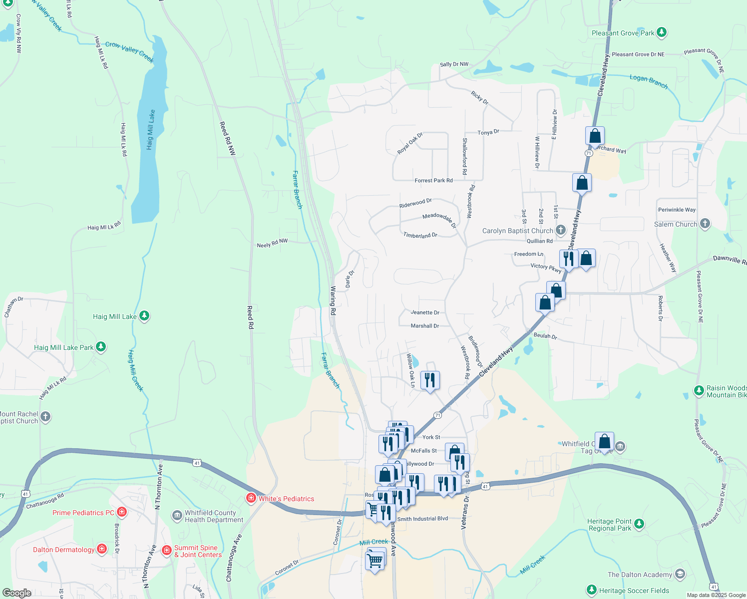 map of restaurants, bars, coffee shops, grocery stores, and more near 177 East Summit Drive in Dalton
