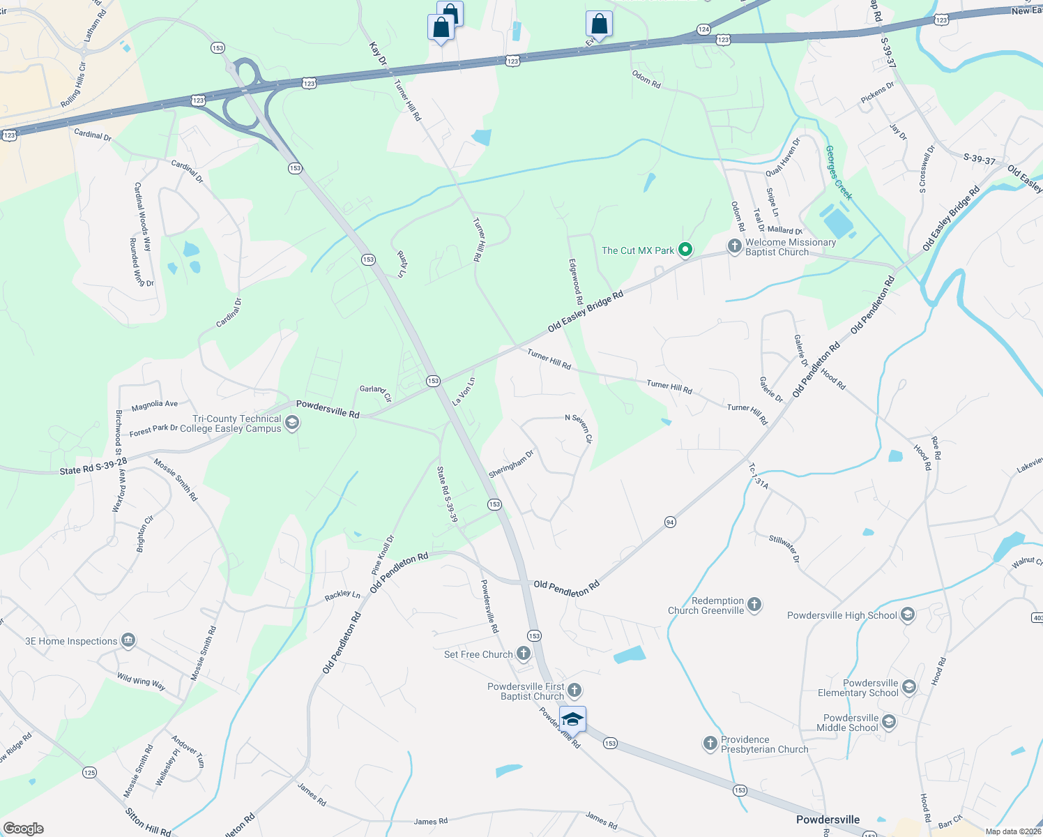 map of restaurants, bars, coffee shops, grocery stores, and more near 242 North Severn Circle in Easley