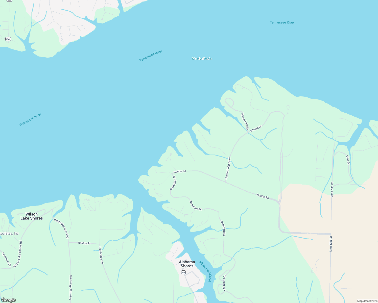 map of restaurants, bars, coffee shops, grocery stores, and more near 128-361 Ridgewood Drive in Muscle Shoals