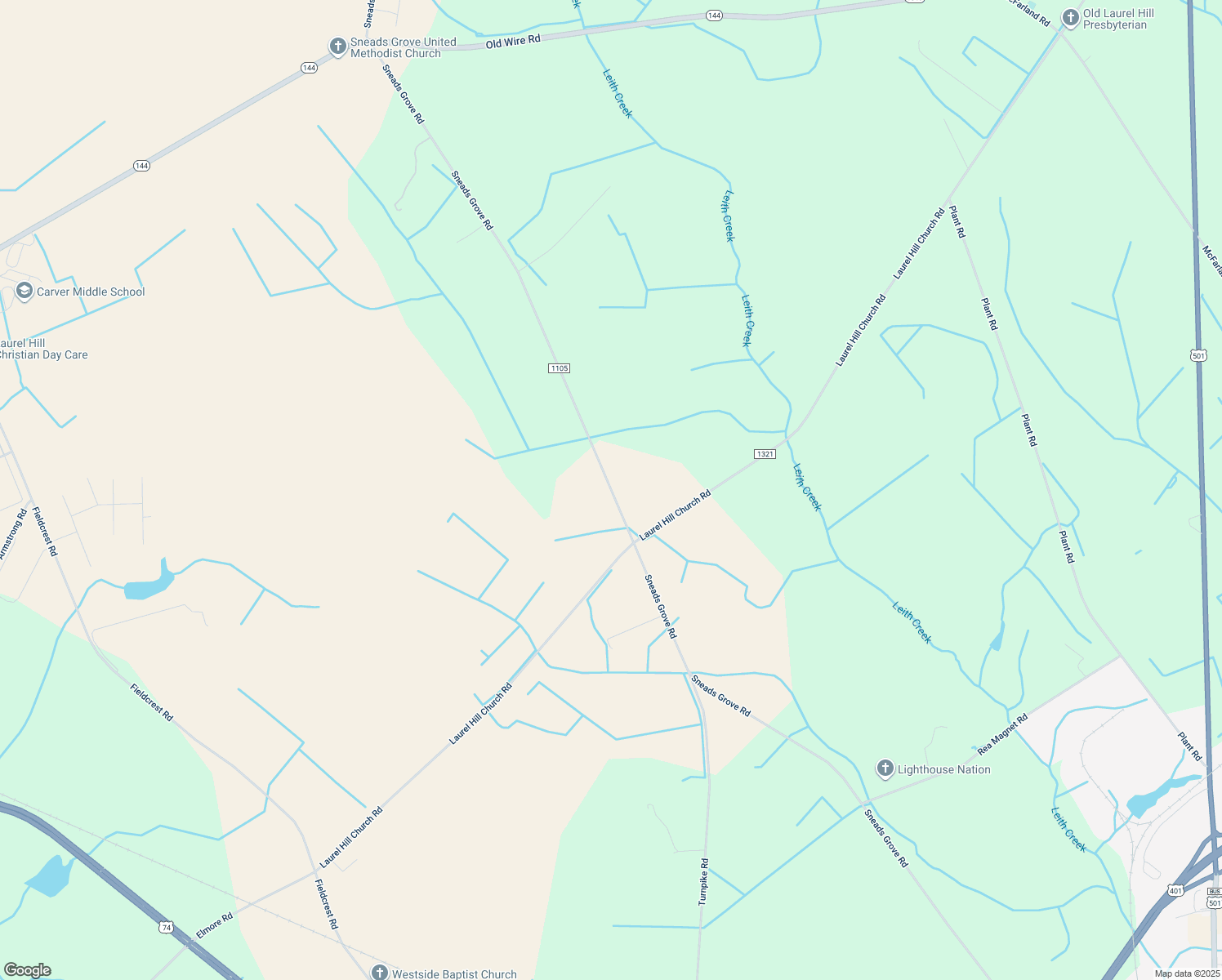 map of restaurants, bars, coffee shops, grocery stores, and more near Sneads Grove Road in Laurinburg