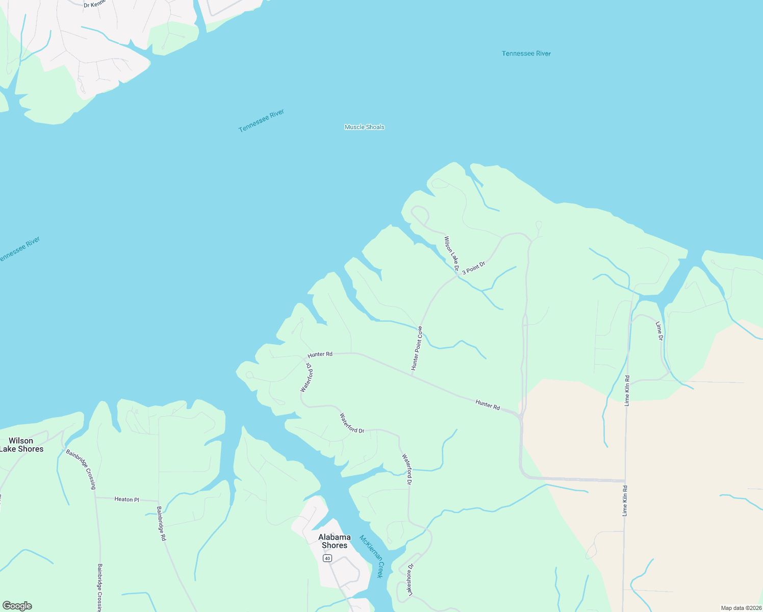 map of restaurants, bars, coffee shops, grocery stores, and more near 585-667 Hunter Point Cove in Muscle Shoals
