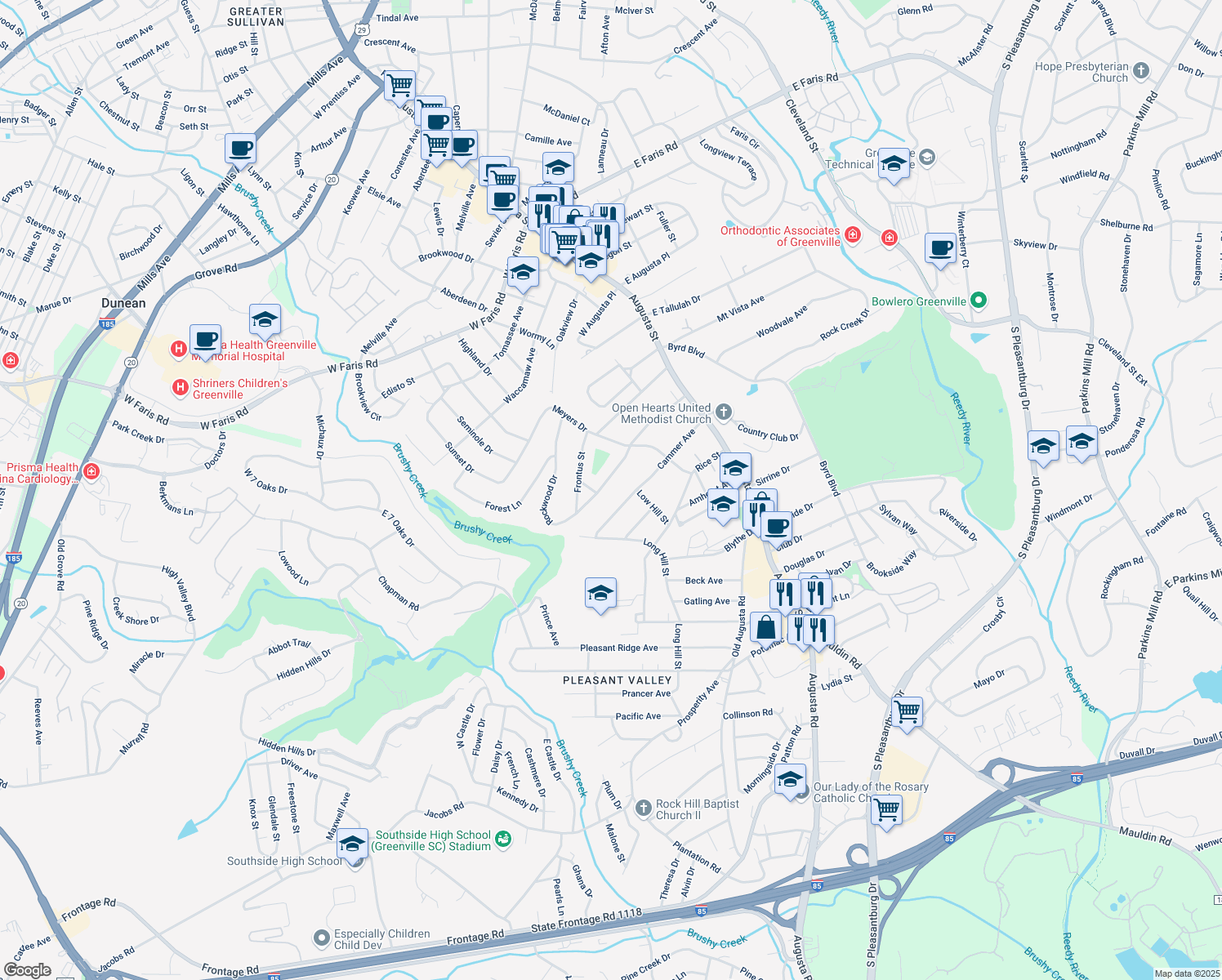 map of restaurants, bars, coffee shops, grocery stores, and more near 129 Rockwood Drive in Greenville