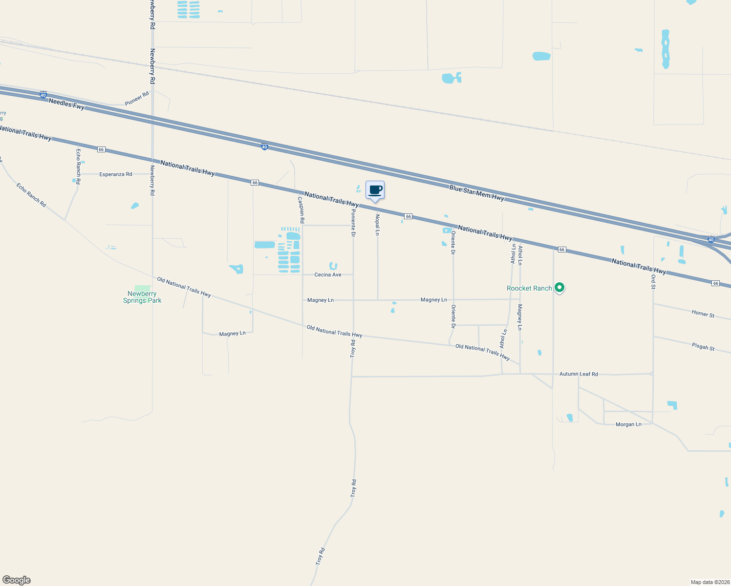 map of restaurants, bars, coffee shops, grocery stores, and more near 46524 Magney Lane in Newberry Springs