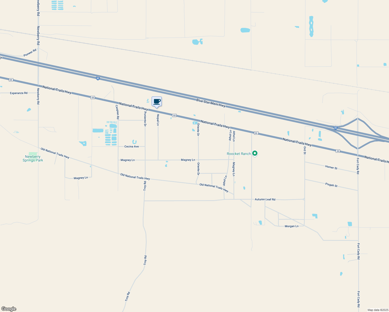 map of restaurants, bars, coffee shops, grocery stores, and more near 30838 Oriente Drive in Newberry Springs