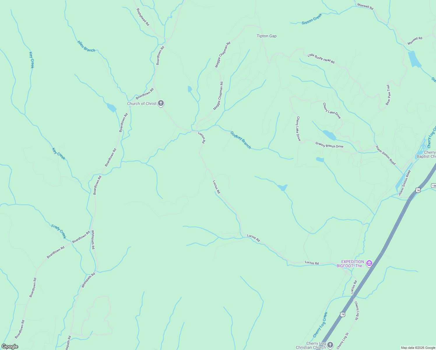 map of restaurants, bars, coffee shops, grocery stores, and more near 35 Leatherwood Mountain Road in Cherry Log