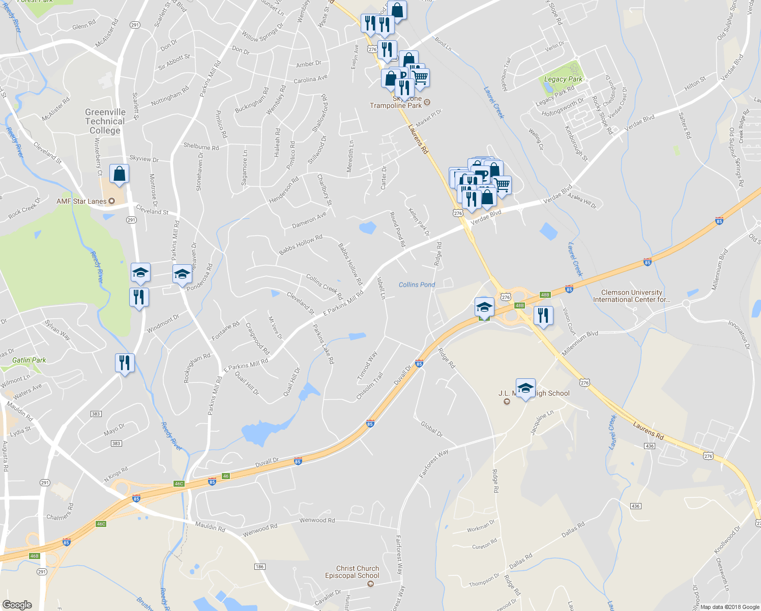 map of restaurants, bars, coffee shops, grocery stores, and more near 34 Isbell Lane in Greenville
