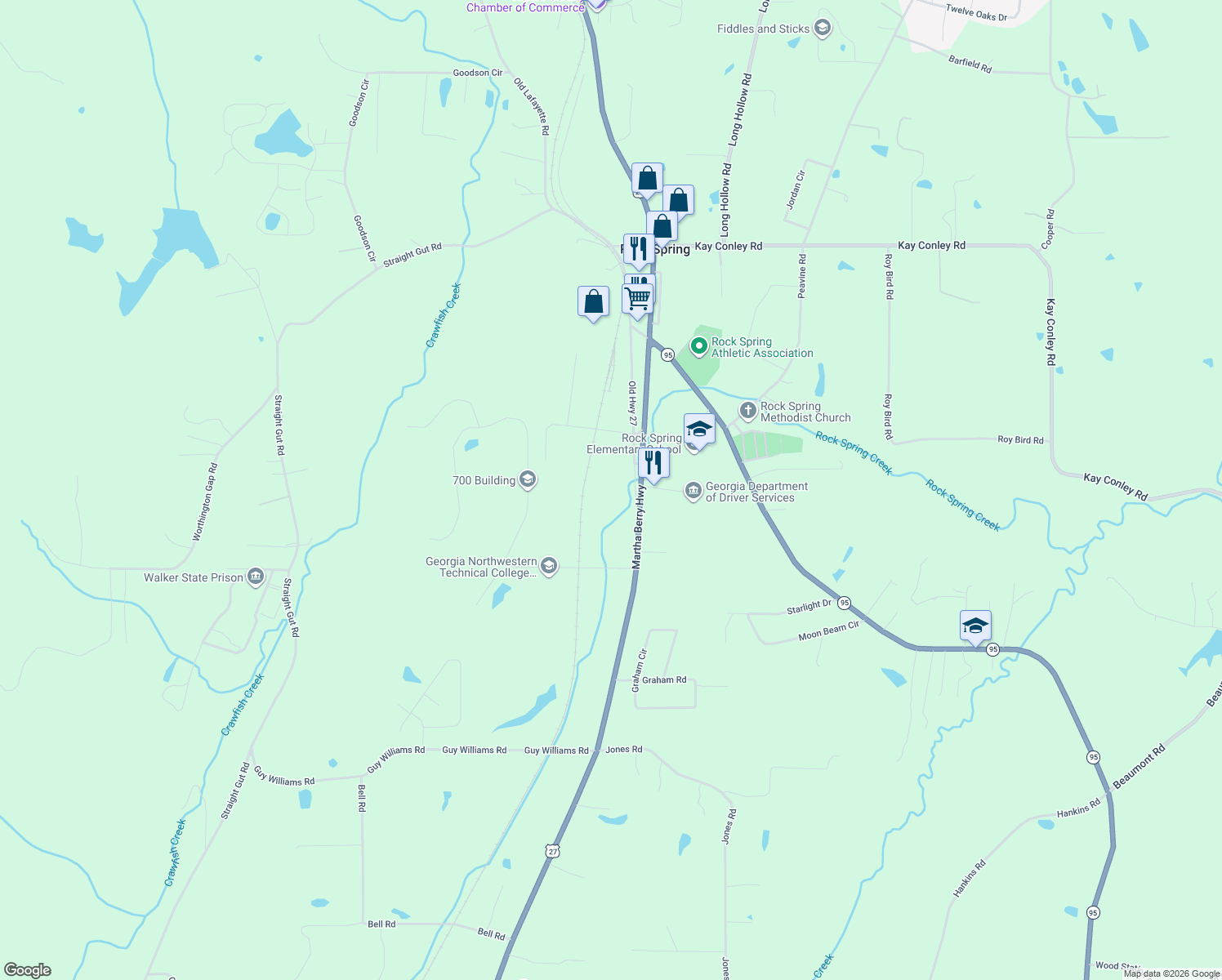 map of restaurants, bars, coffee shops, grocery stores, and more near 1370 Old Highway 27 in Rock Spring