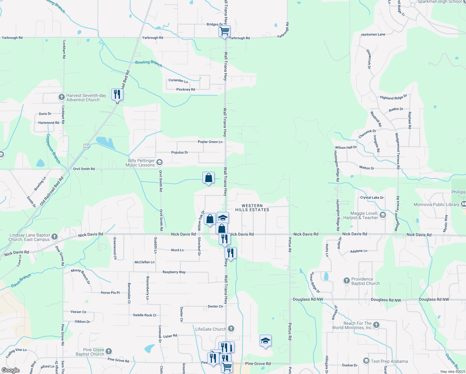 map of restaurants, bars, coffee shops, grocery stores, and more near 117 Silver Cedar Ln in Harvest