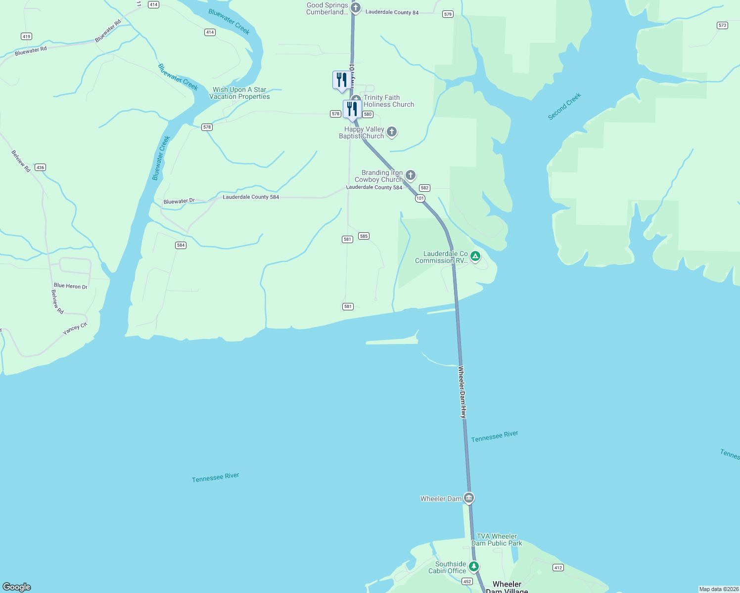 map of restaurants, bars, coffee shops, grocery stores, and more near Lauderdale County 585 in Rogersville