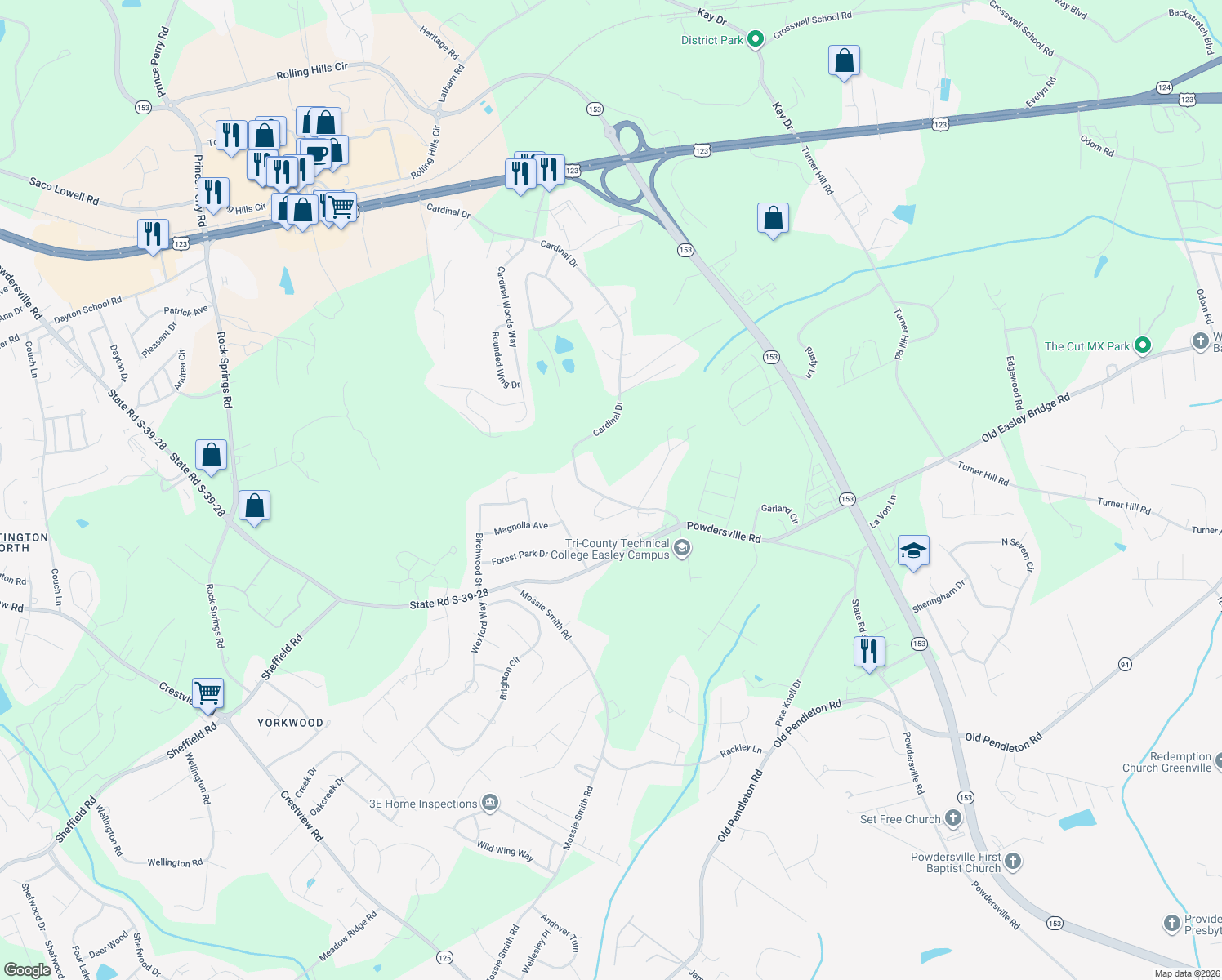 map of restaurants, bars, coffee shops, grocery stores, and more near 811 Cardinal Drive in Easley