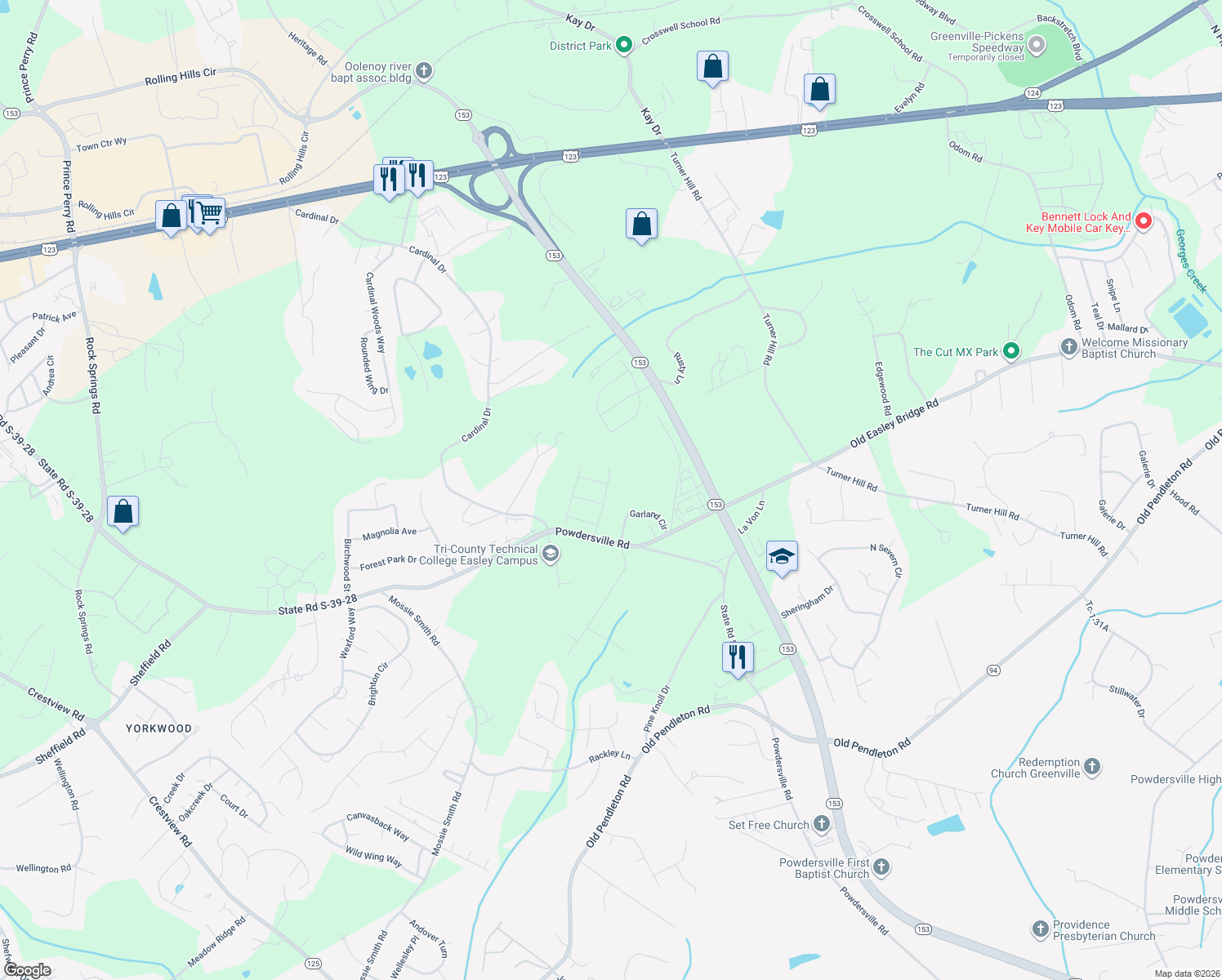 map of restaurants, bars, coffee shops, grocery stores, and more near 117 Garland Circle in Easley