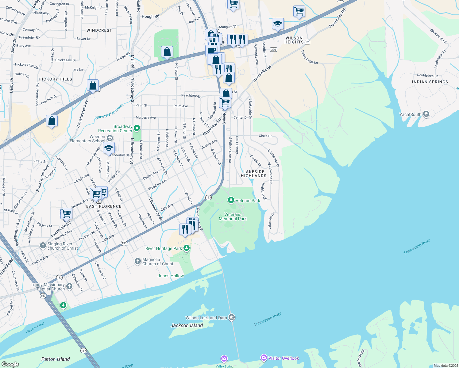 map of restaurants, bars, coffee shops, grocery stores, and more near 499 South Wilson Dam Road in Florence
