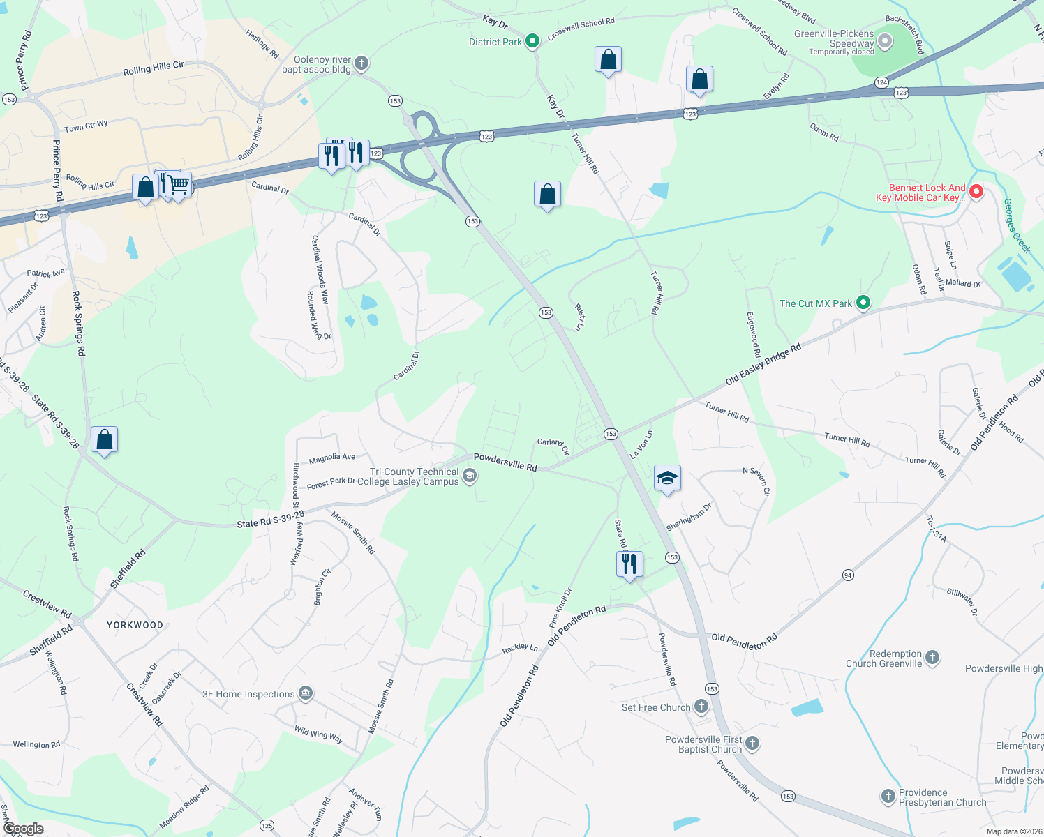 map of restaurants, bars, coffee shops, grocery stores, and more near 117 Garland Circle in Easley
