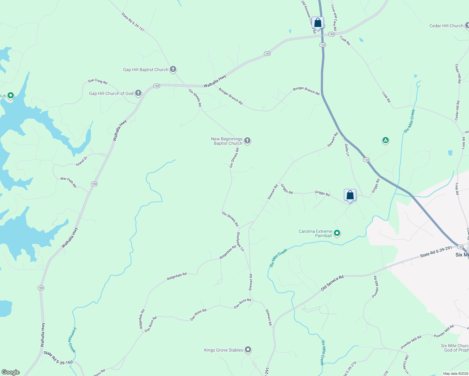 map of restaurants, bars, coffee shops, grocery stores, and more near 188 Gin Shoals Road in Six Mile