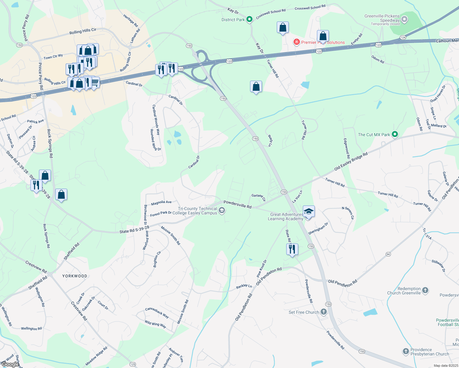 map of restaurants, bars, coffee shops, grocery stores, and more near 118 Landis Road in Easley