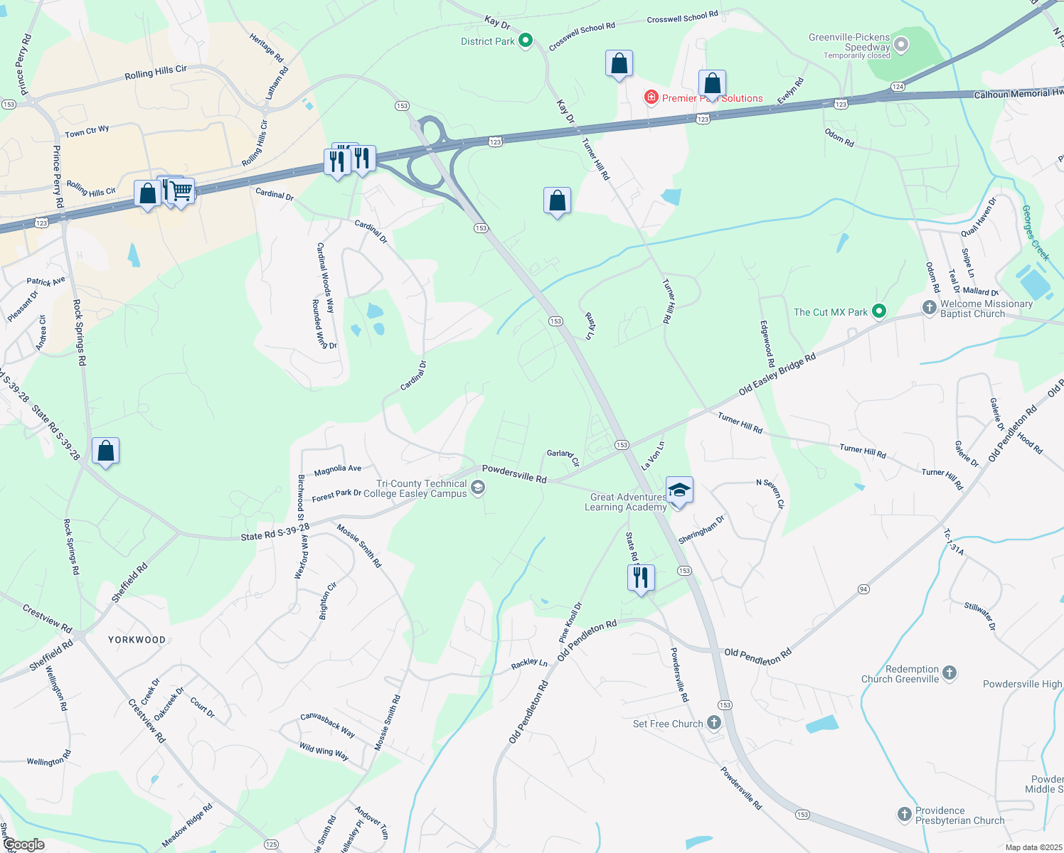 map of restaurants, bars, coffee shops, grocery stores, and more near 117 Garland Circle in Easley
