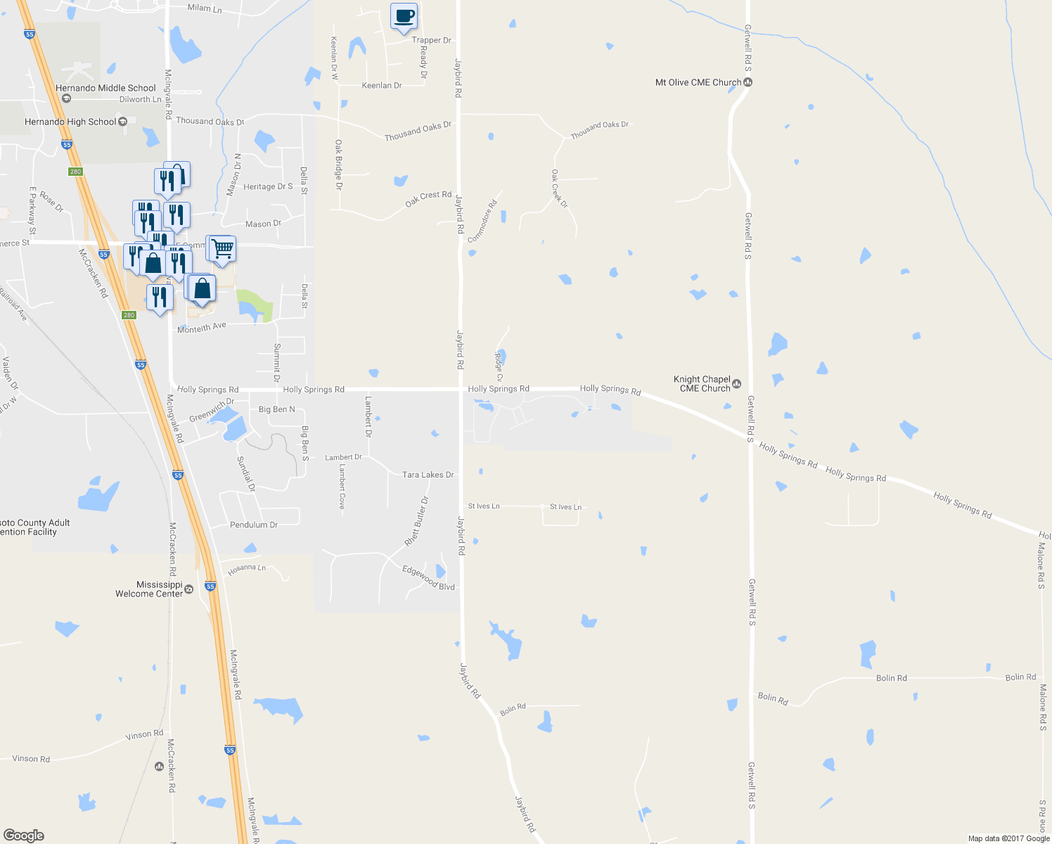 map of restaurants, bars, coffee shops, grocery stores, and more near 2247 Spring Ridge Drive in Hernando