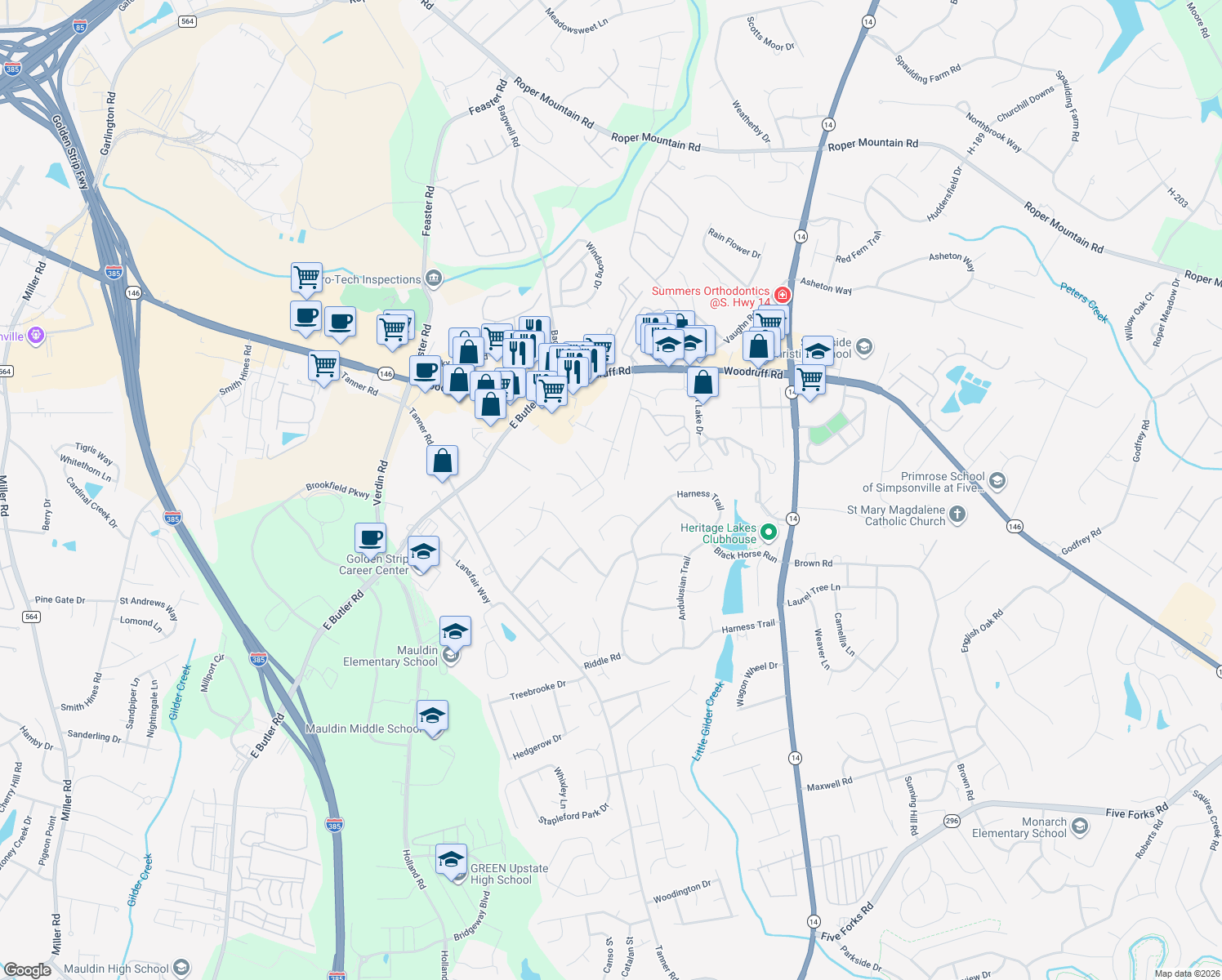 map of restaurants, bars, coffee shops, grocery stores, and more near 7 Kershaw Court in Greenville