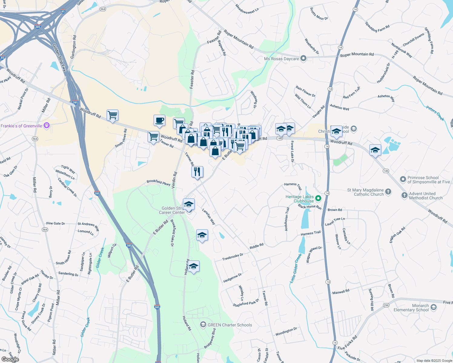 map of restaurants, bars, coffee shops, grocery stores, and more near 119 Park Lane Court in Greenville