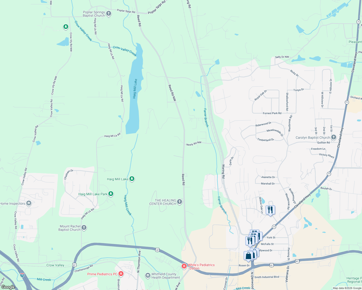map of restaurants, bars, coffee shops, grocery stores, and more near 714 Neely Road Northwest in Dalton