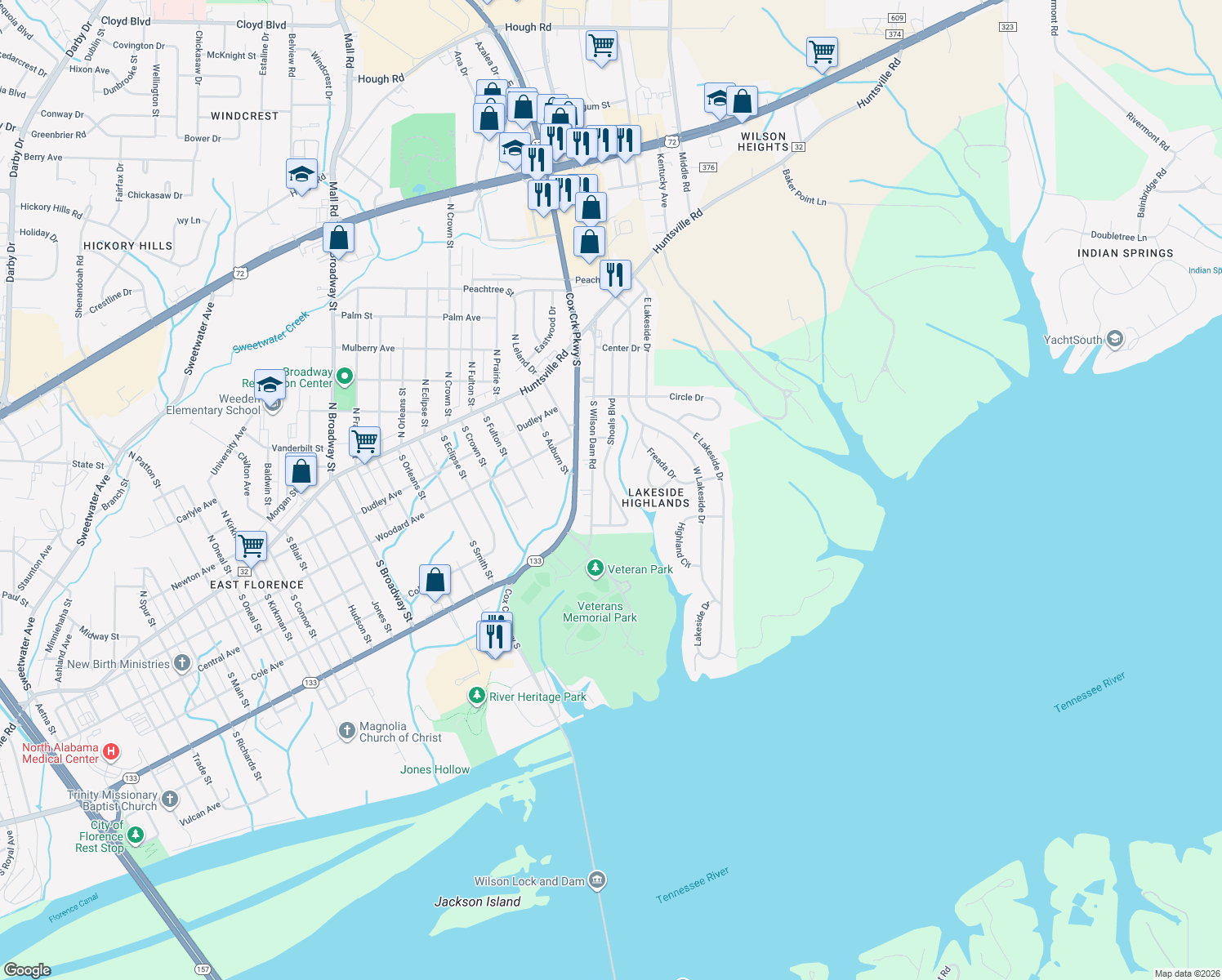 map of restaurants, bars, coffee shops, grocery stores, and more near 253 Shoals Boulevard in Florence