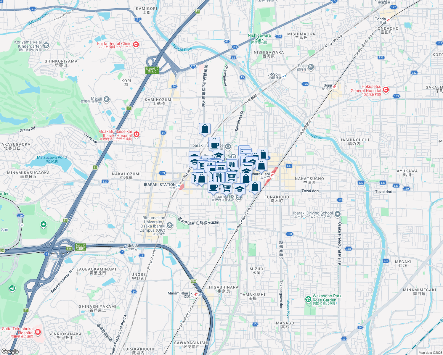 map of restaurants, bars, coffee shops, grocery stores, and more near in Ibaraki