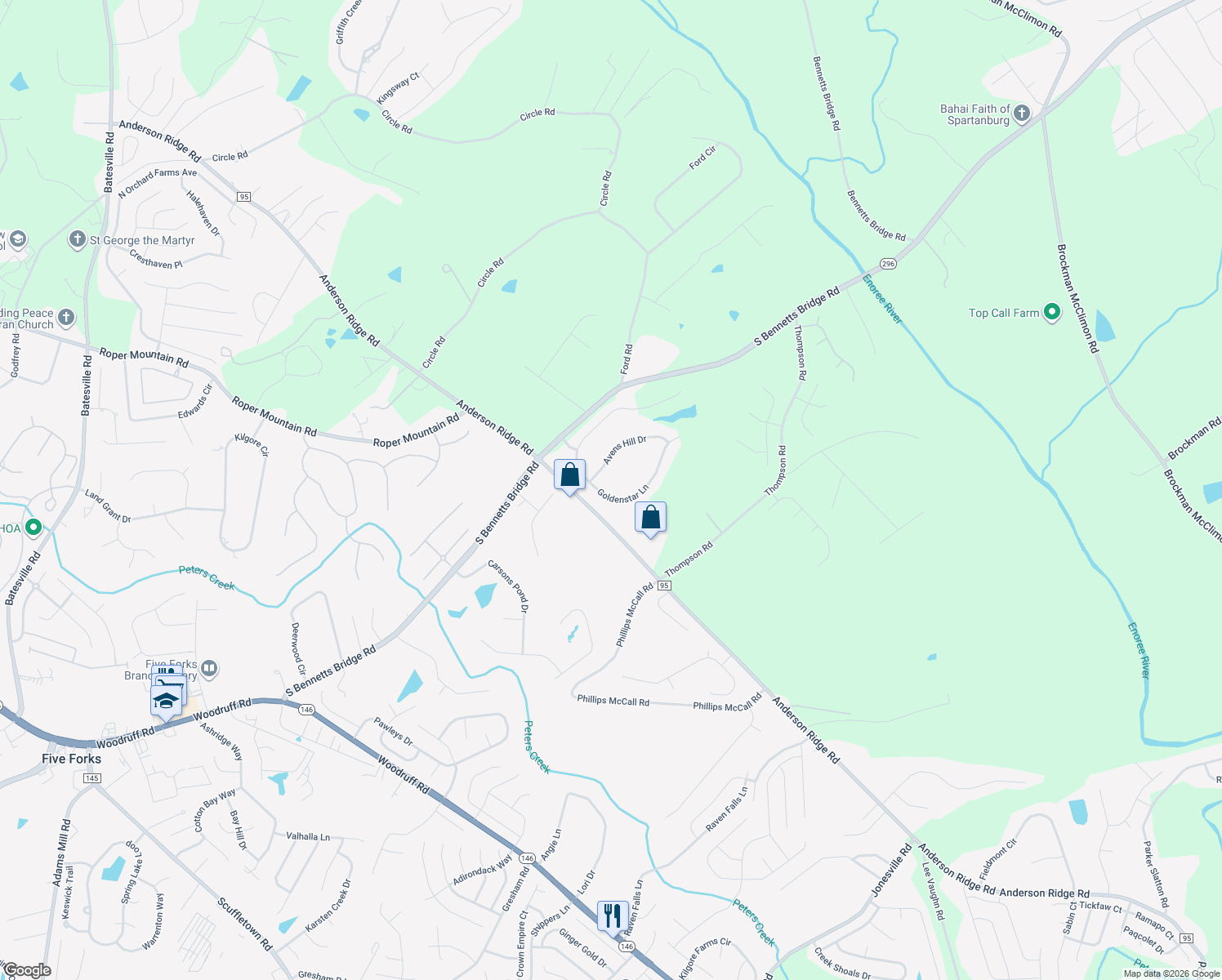 map of restaurants, bars, coffee shops, grocery stores, and more near 203 Goldenstar Lane in Greer