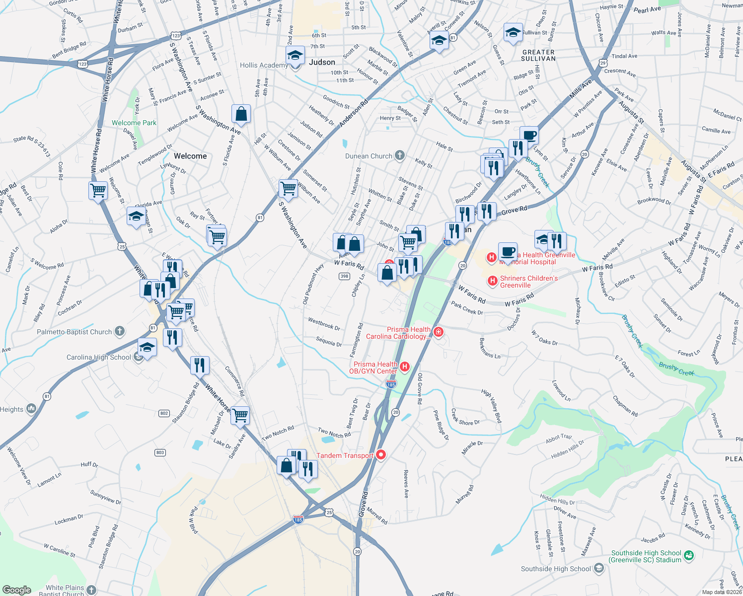 map of restaurants, bars, coffee shops, grocery stores, and more near 13 Farmington Road in Greenville