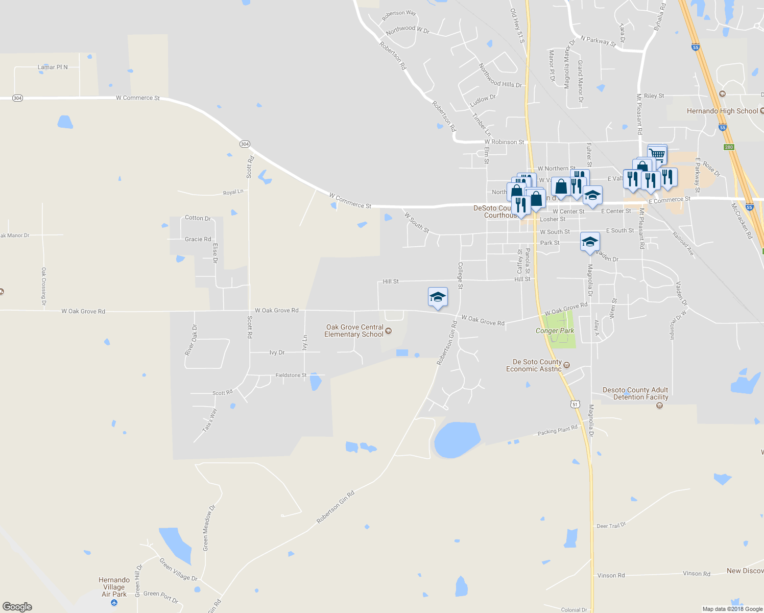 map of restaurants, bars, coffee shops, grocery stores, and more near 974 West Oak Grove Road in Hernando