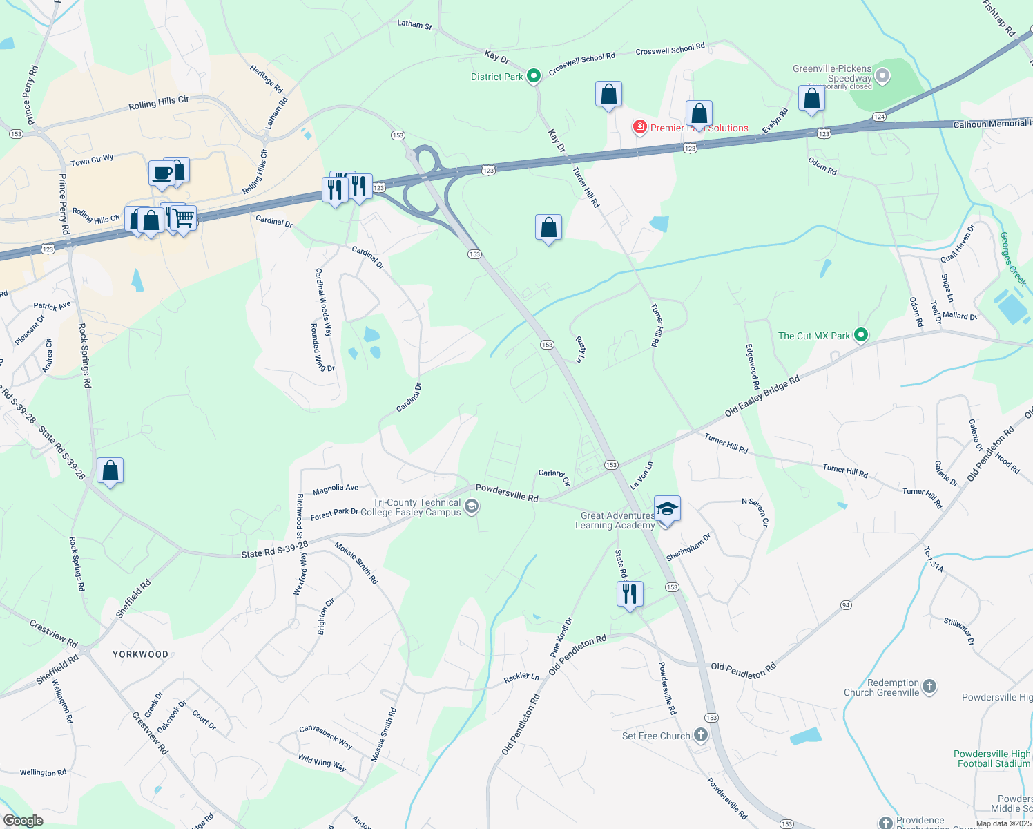 map of restaurants, bars, coffee shops, grocery stores, and more near 933 Cardinal Drive in Easley