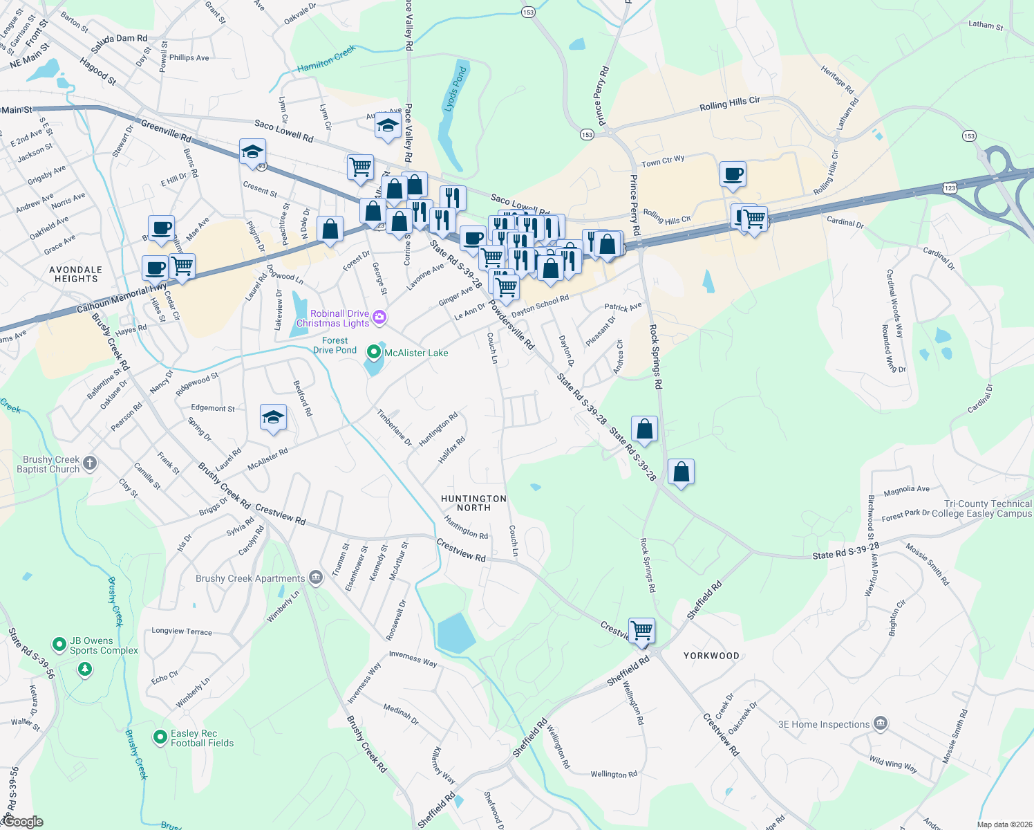 map of restaurants, bars, coffee shops, grocery stores, and more near 113 Waterford Way in Easley