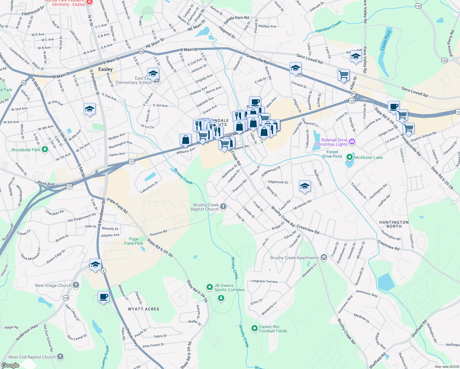 map of restaurants, bars, coffee shops, grocery stores, and more near 113 Oaklane Drive in Easley