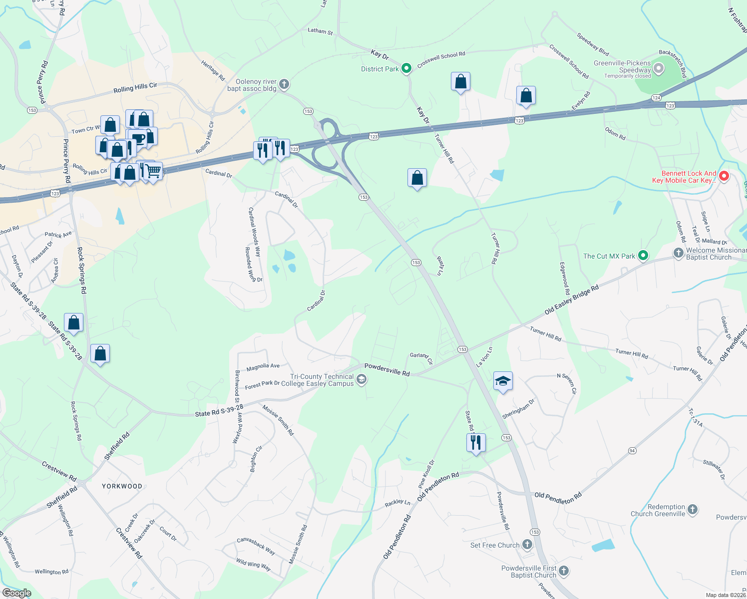 map of restaurants, bars, coffee shops, grocery stores, and more near 150 Landis Road in Easley
