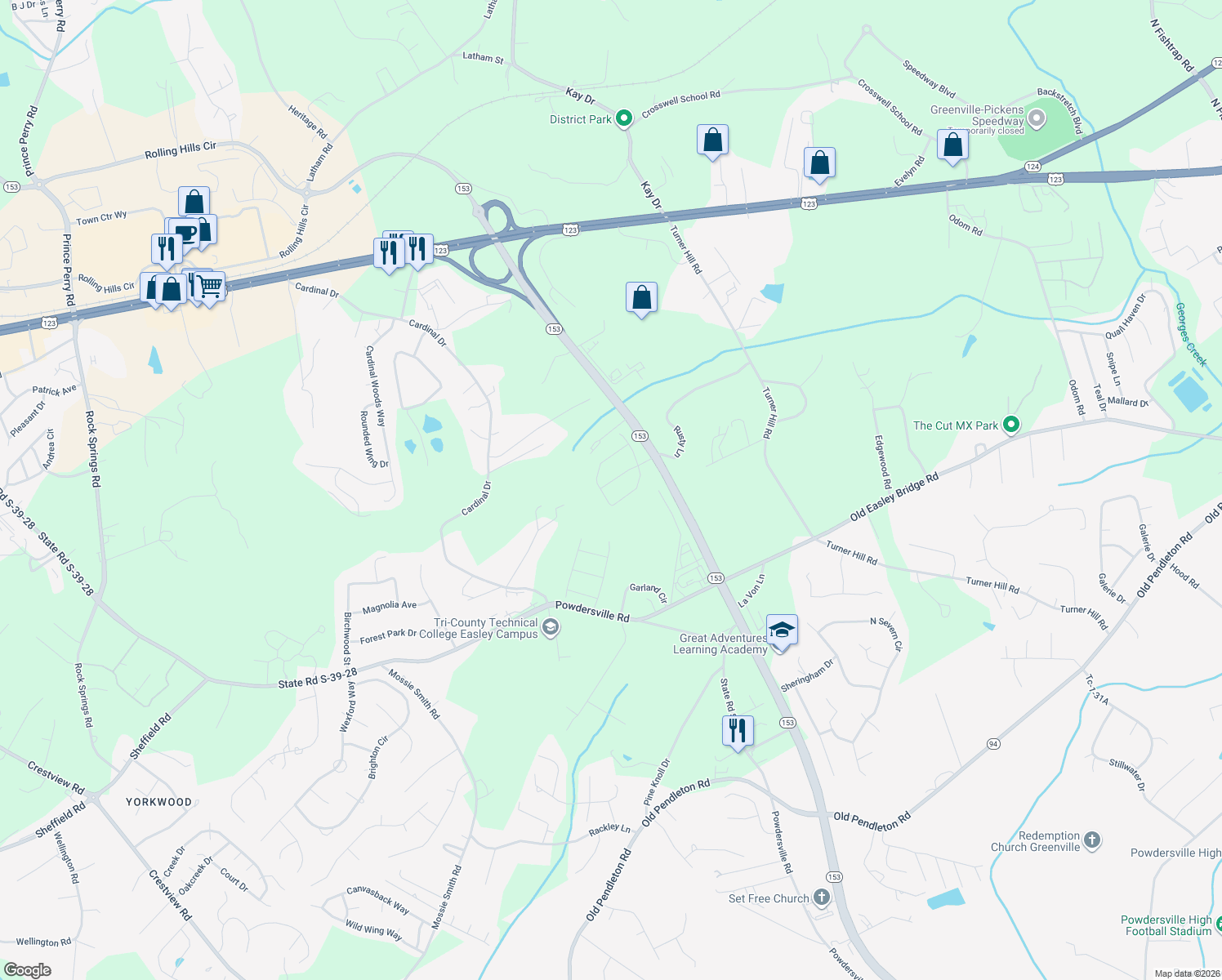 map of restaurants, bars, coffee shops, grocery stores, and more near 933 Cardinal Drive in Easley