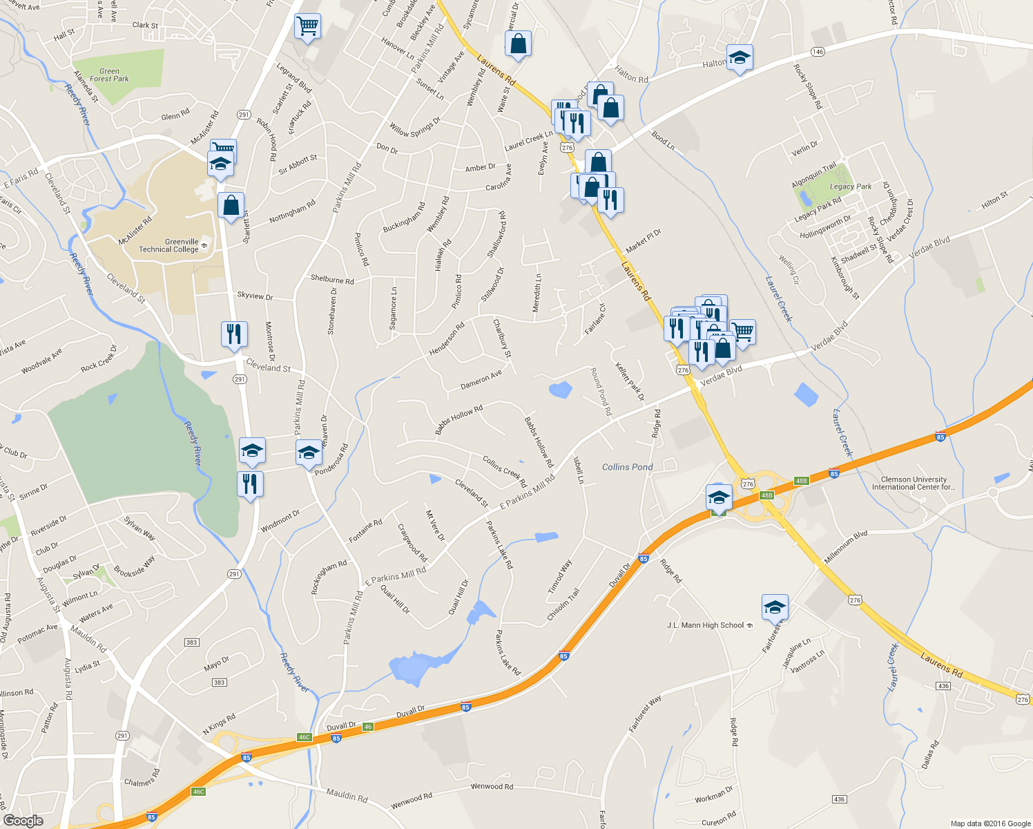 map of restaurants, bars, coffee shops, grocery stores, and more near 126 Babbs Hollow Road in Greenville