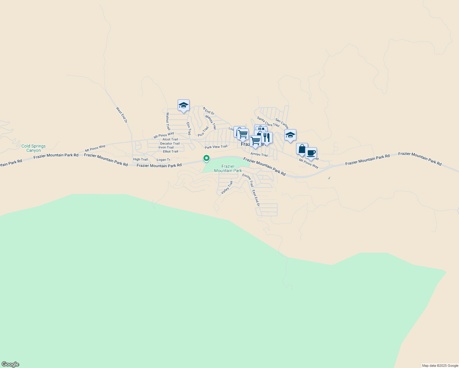 map of restaurants, bars, coffee shops, grocery stores, and more near 345 Valley Trail in Frazier Park