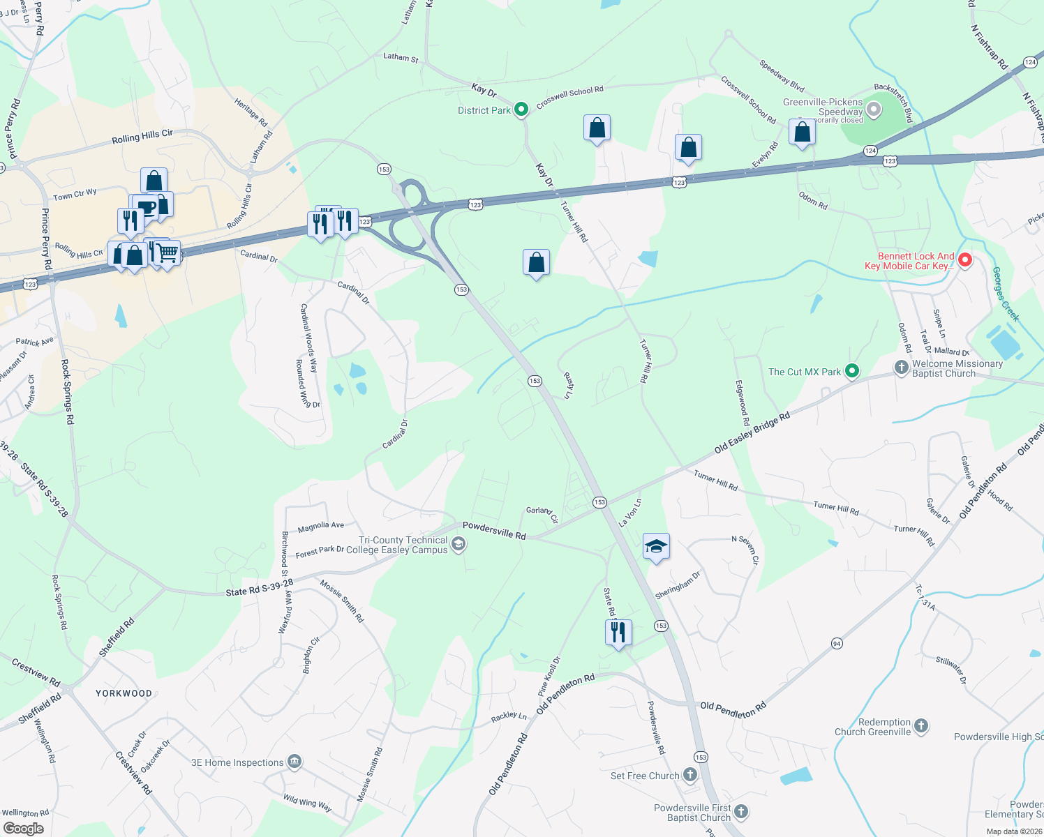 map of restaurants, bars, coffee shops, grocery stores, and more near 933 Cardinal Drive in Easley