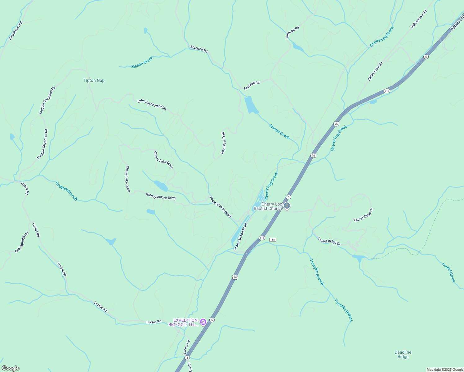 map of restaurants, bars, coffee shops, grocery stores, and more near 7 River Rock Lane in Fannin County