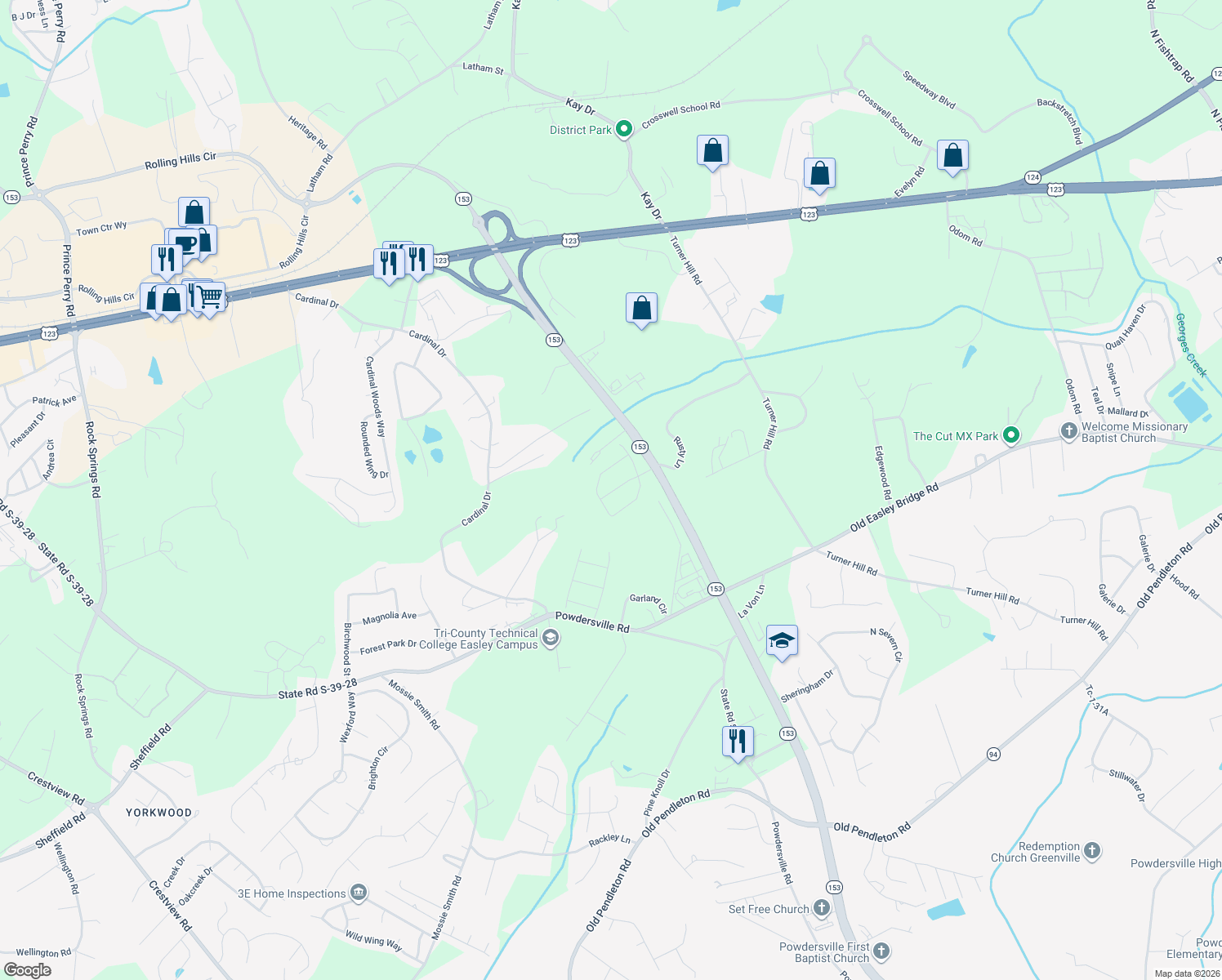 map of restaurants, bars, coffee shops, grocery stores, and more near 933 Cardinal Drive in Easley