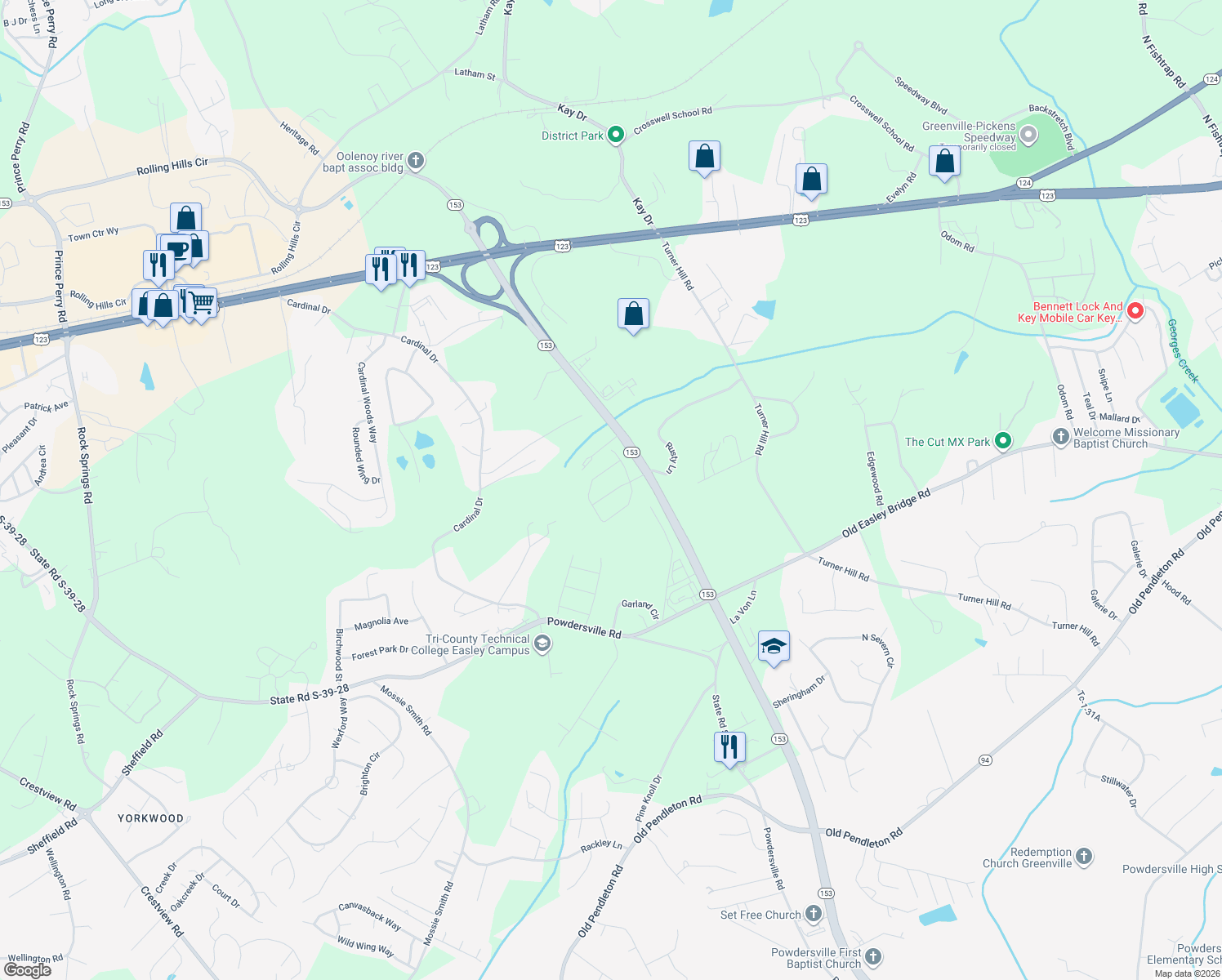 map of restaurants, bars, coffee shops, grocery stores, and more near 933 Cardinal Drive in Easley