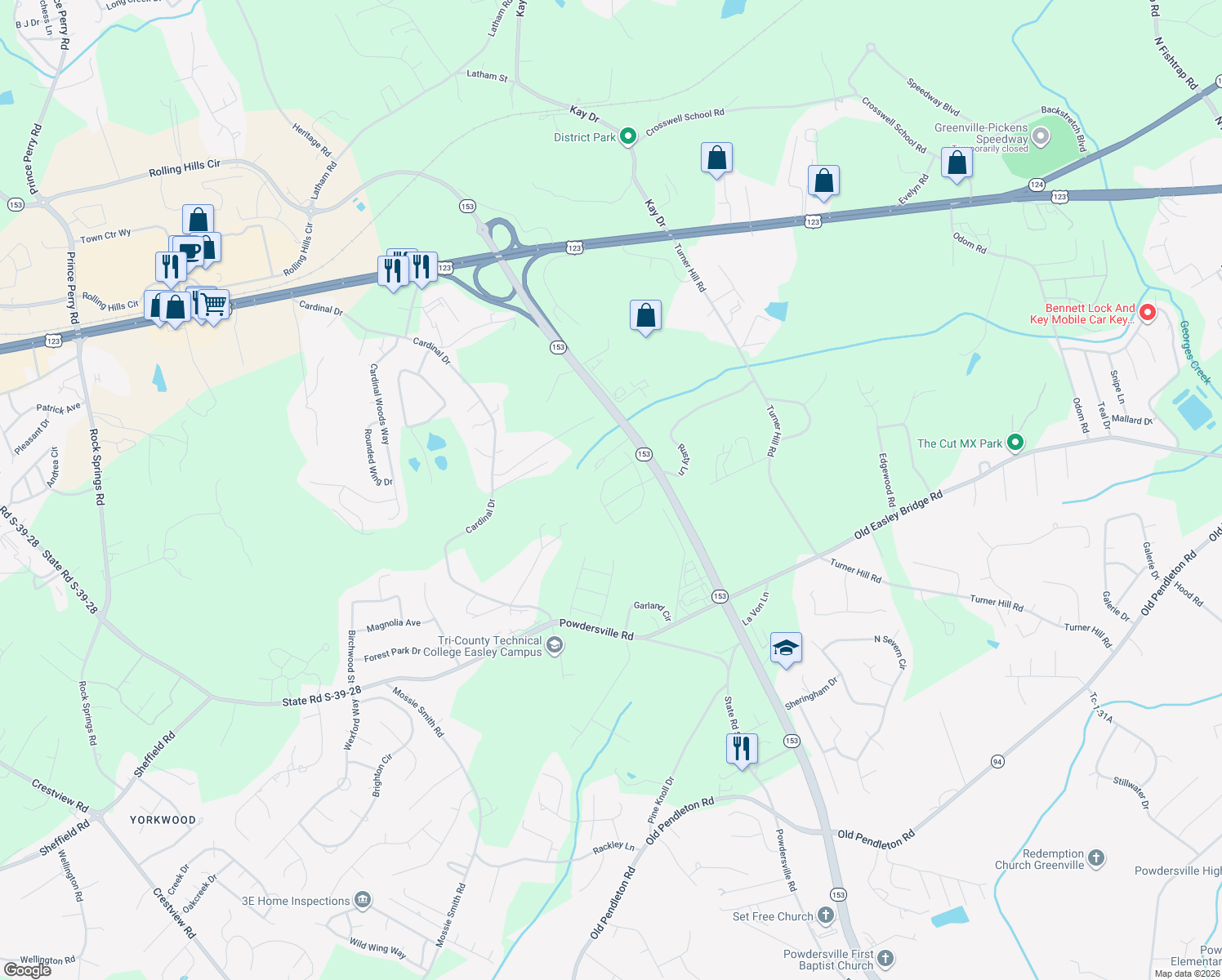 map of restaurants, bars, coffee shops, grocery stores, and more near 933 Cardinal Drive in Easley