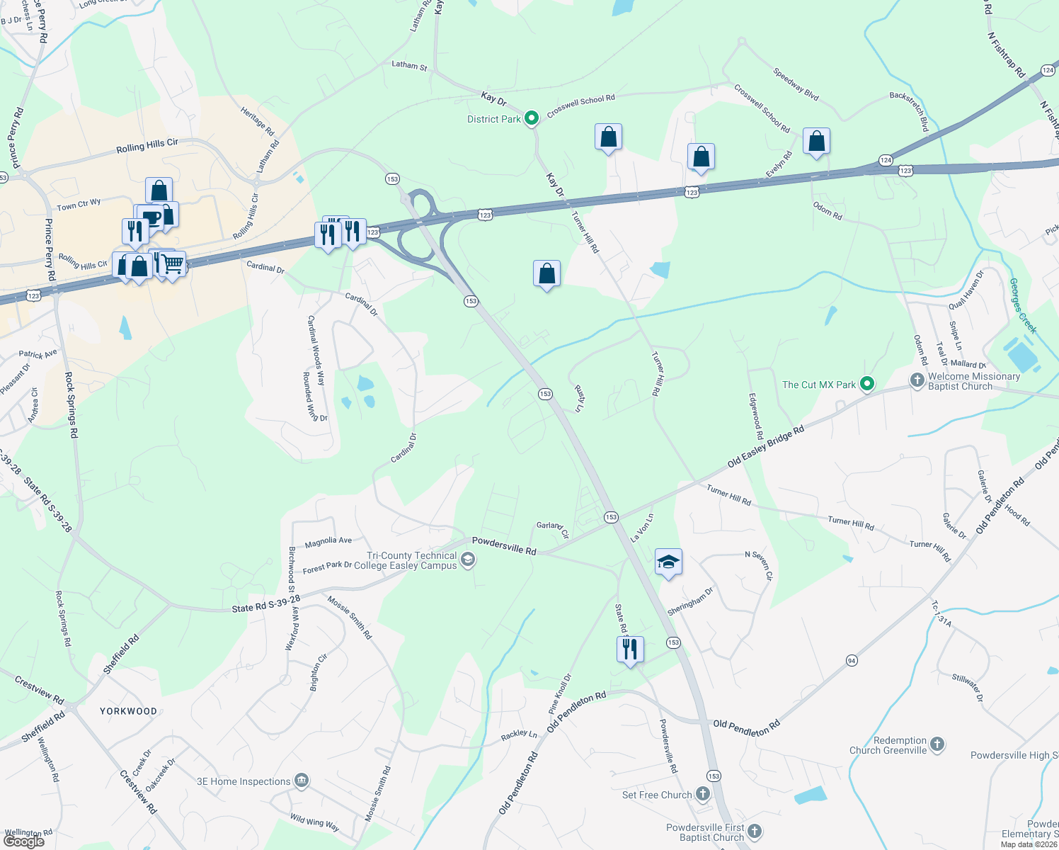 map of restaurants, bars, coffee shops, grocery stores, and more near 933 Cardinal Drive in Easley