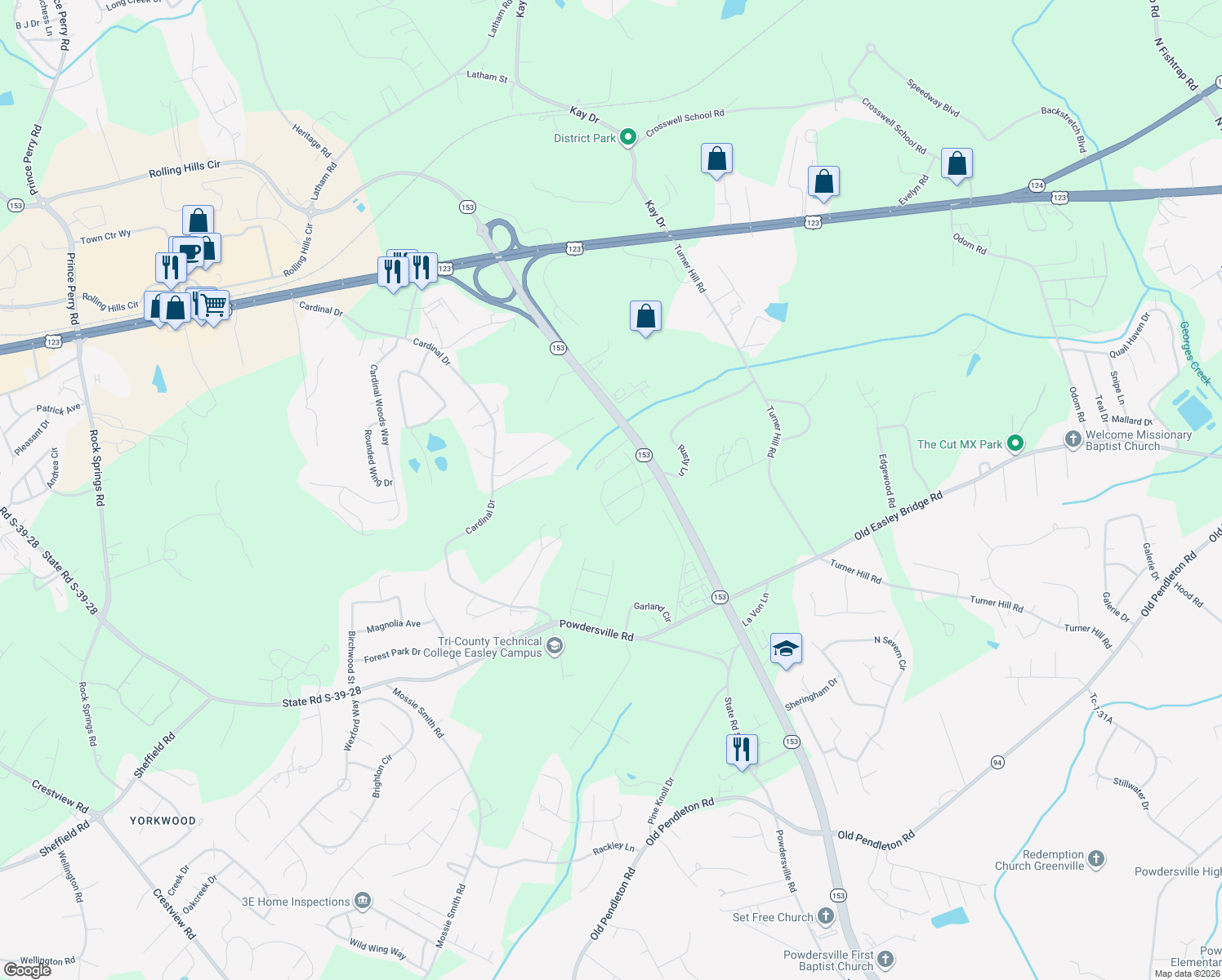 map of restaurants, bars, coffee shops, grocery stores, and more near 933 Cardinal Drive in Easley