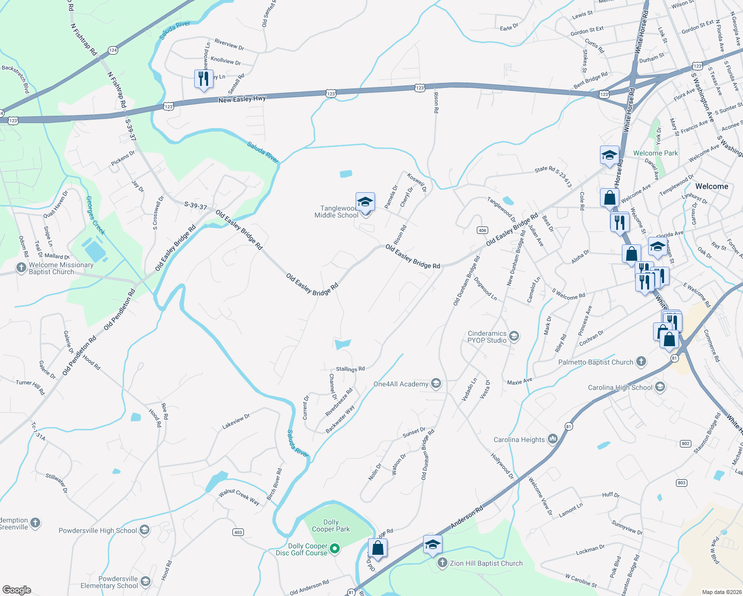 map of restaurants, bars, coffee shops, grocery stores, and more near 22 Shelton Road in Greenville