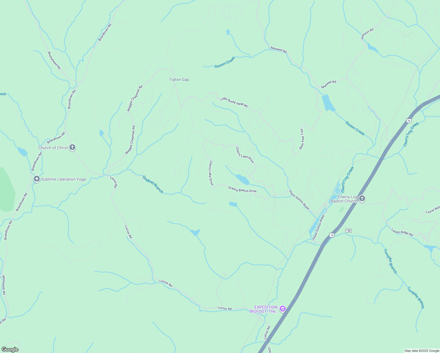 map of restaurants, bars, coffee shops, grocery stores, and more near 1427 Cherry Log Street in Cherry Log