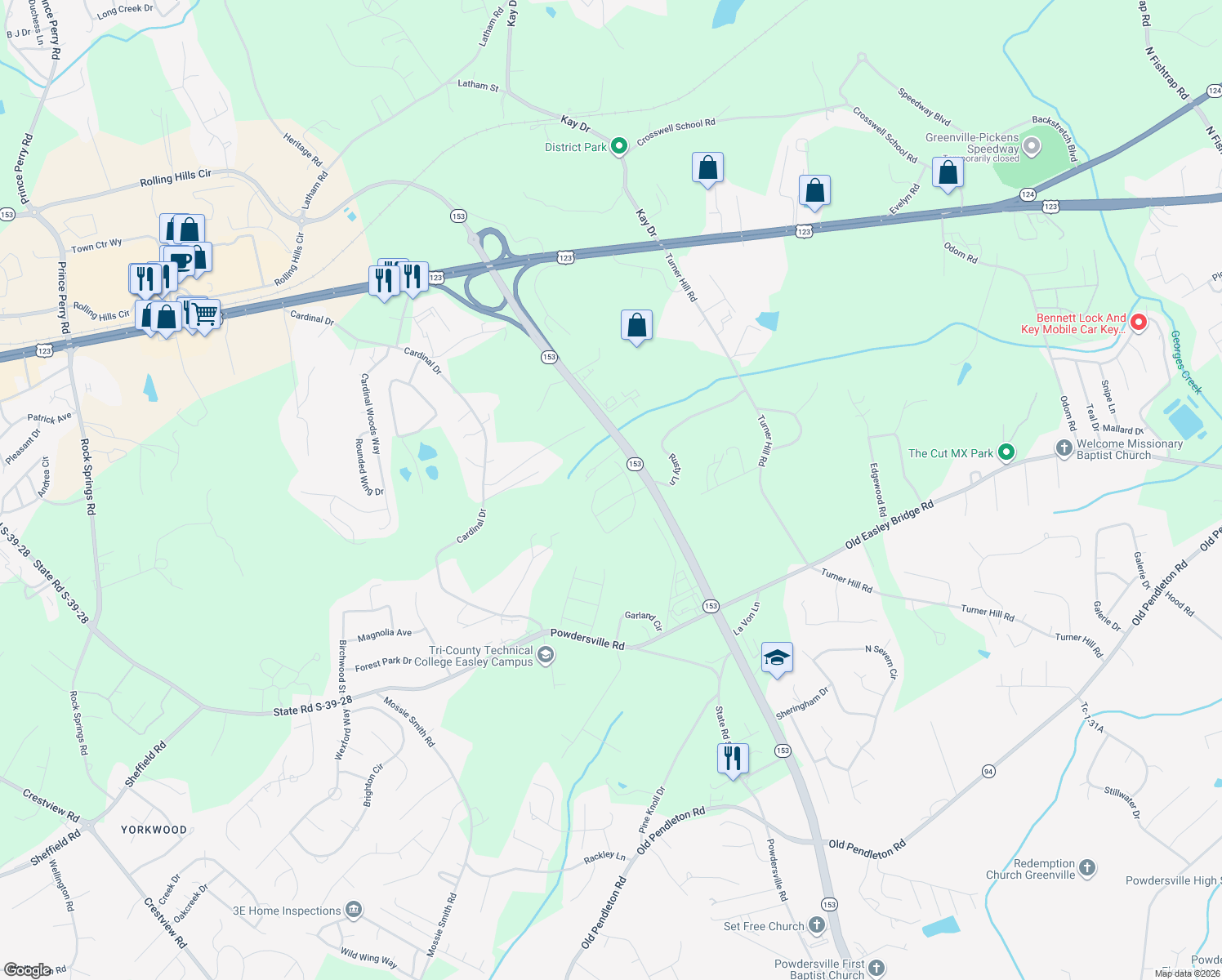 map of restaurants, bars, coffee shops, grocery stores, and more near 5235 South Carolina 153 in Easley