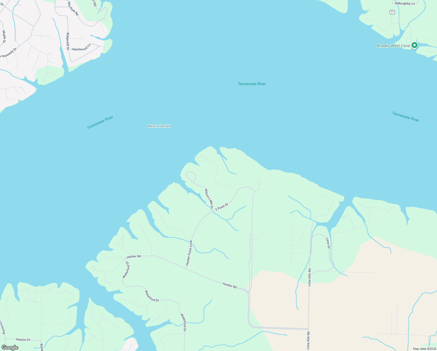 map of restaurants, bars, coffee shops, grocery stores, and more near 721 Three Point Road in Muscle Shoals